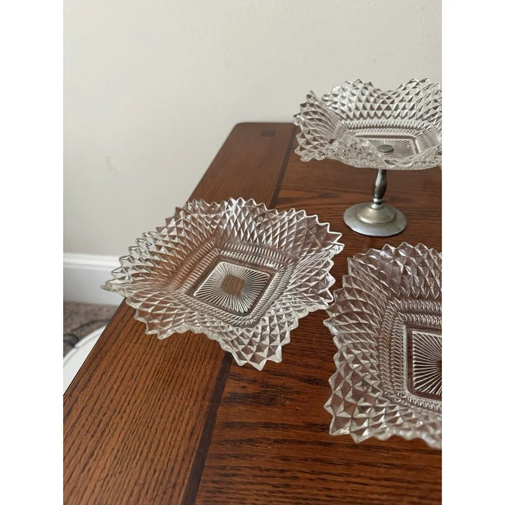 Vintage Clear Diamond Square Glass 5 Candy Dishes with Silver Pedestal